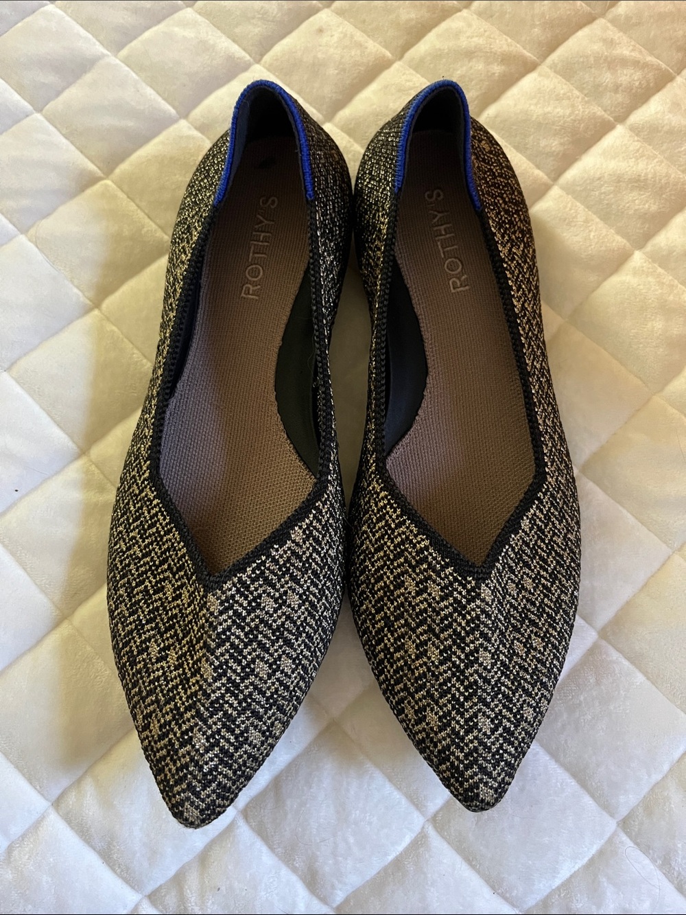 Rothy's Pointed Ballet Flats in Black and Cream Tweed